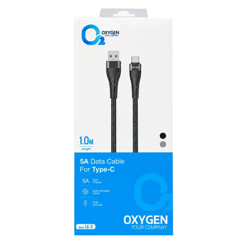 تصویر بسته‌بندی سفید و آبی کابل USB به Type-C اکسیژن مدل LX-3 به طول ۱ متر با جریان ۵ آمپر و روکش نایلونی بافته‌شده مشکی (Oxygen LX-3 5A USB to Type-C Data Cable Packaging)