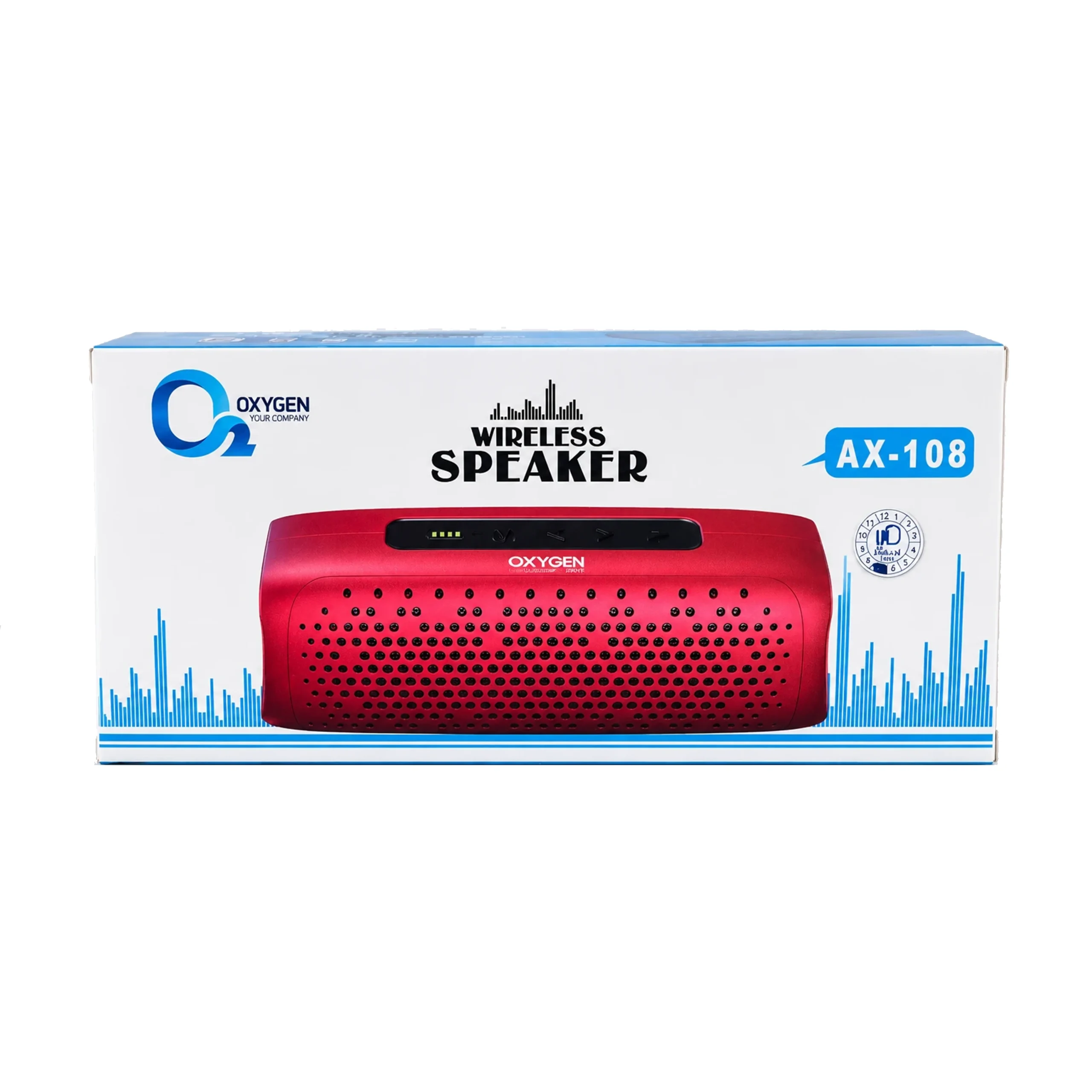 ax 108 جعبه و نمای ظاهری اسپیکر بلوتوثی قابل حمل اکسیژن مدل AX-108 به رنگ قرمز همراه با مشخصات و پنل کنترل (Oxygen Wireless Speaker AX-108)