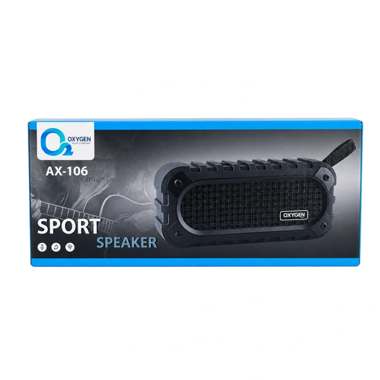 جعبه و نمای ظاهری اسپیکر بلوتوثی قابل حمل و اسپرت اکسیژن مدل AX-106 به رنگ مشکی با طراحی ضدضربه و بند آویز (Oxygen Sport Wireless Speaker AX-106)