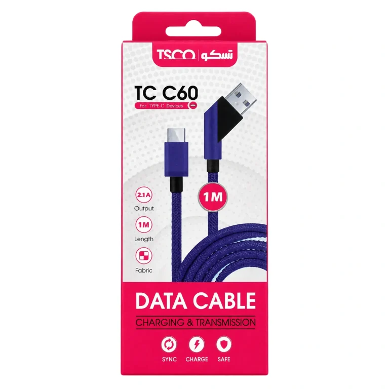 تصویر بسته‌بندی صورتی و سفید کابل USB به Type-C تسکو مدل TC C60 به طول ۱ متر با روکش پارچه‌ای بنفش و کانکتورهای مقاوم (TSCO TC C60 USB to Type-C Data Cable Packaging)