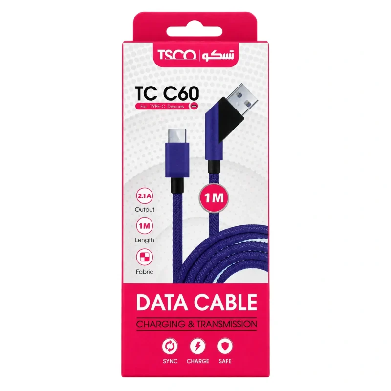 تصویر بسته‌بندی صورتی و سفید کابل USB به Type-C تسکو مدل TC C60 به طول ۱ متر با روکش پارچه‌ای بنفش و کانکتورهای مقاوم (TSCO TC C60 USB to Type-C Data Cable Packaging)