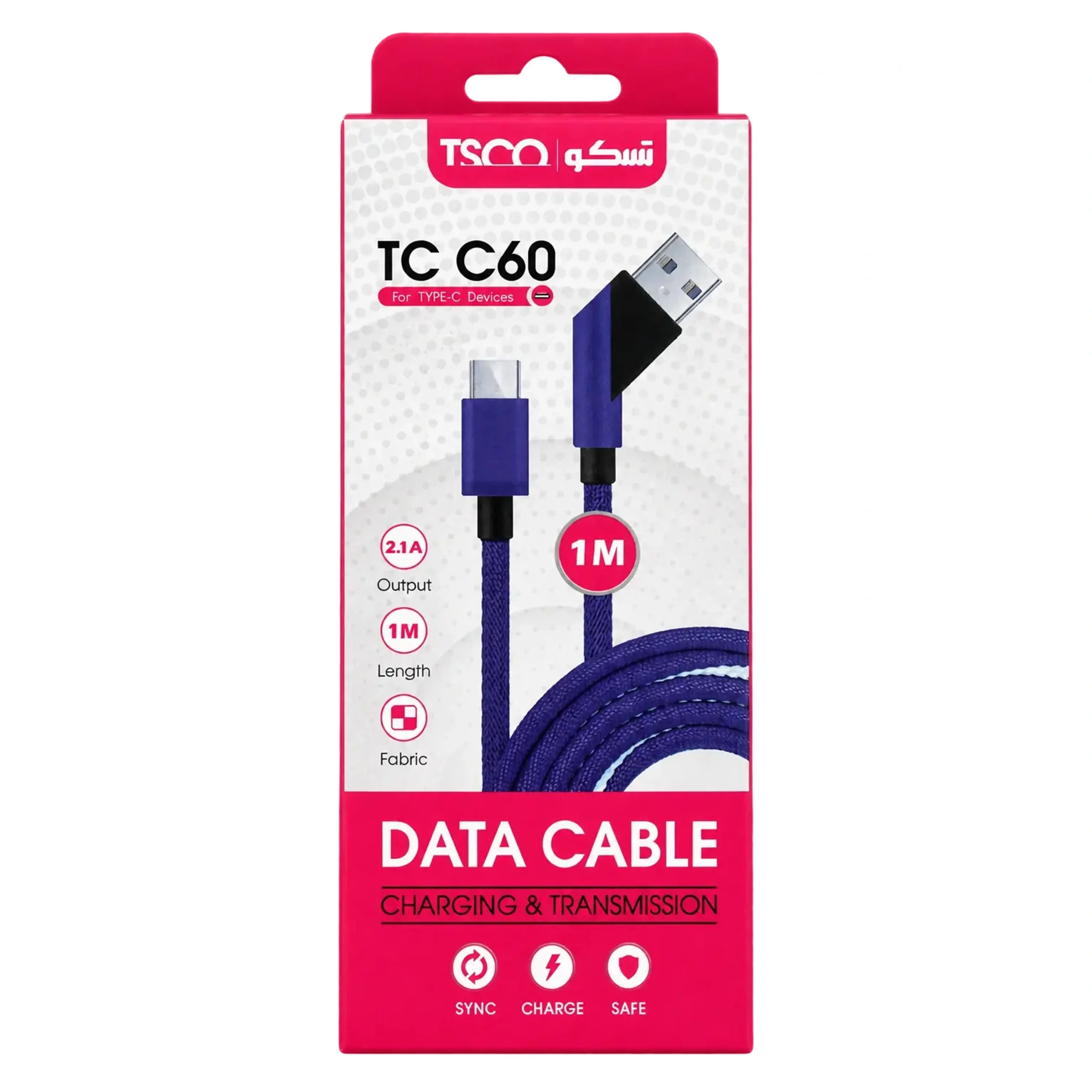 tsco تصویر بستهبندی صورتی و سفید کابل USB به Type-C تسکو مدل TC C60 به طول ۱ متر با روکش پارچهای بنفش و کانکتورهای مقاوم (TSCO TC C60 USB to Type-C Data Cable Packaging)